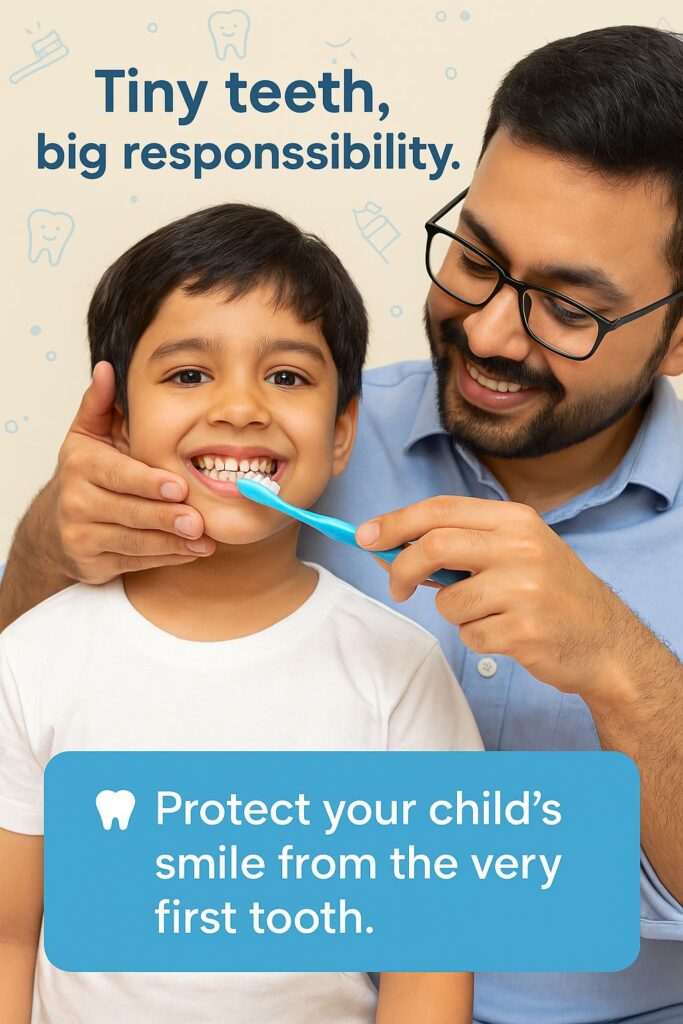 A smiling child showing a mix of milk and permanent teeth and Parent gently holding the child’s face while brushing