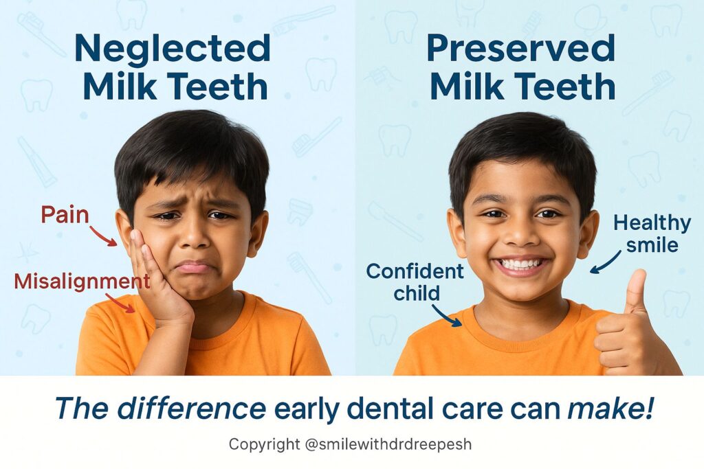 "Before and after comparison of milk teeth care – Dr. Deepesh Jaiswal, best kids dentist in Kolkata"