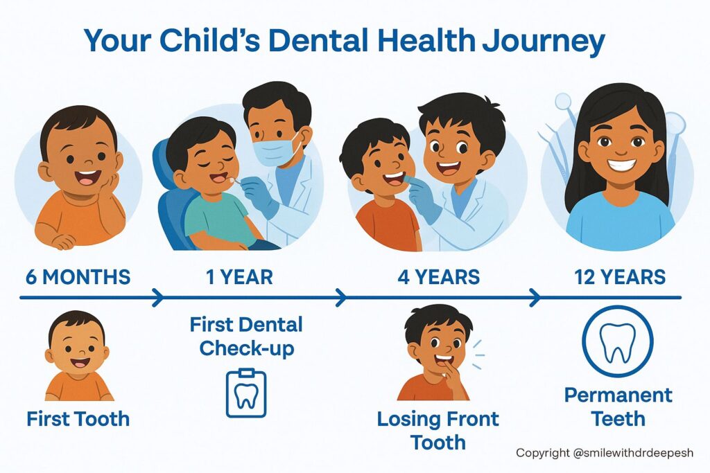 "Illustrated dental milestone journey from baby teeth to permanent teeth at DENTAMEDICS"