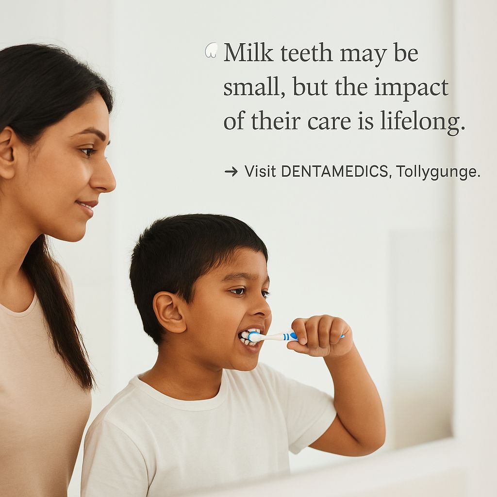 "Indian child brushing teeth at home while mother watches – Pediatric Dentistry at DENTAMEDICS Tollygunge"